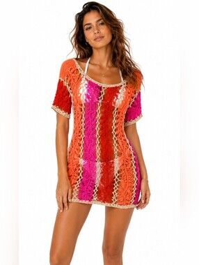 Fever Handmade Crochet Multicolor Beach Cover-Up Tunic XL tropical vacation